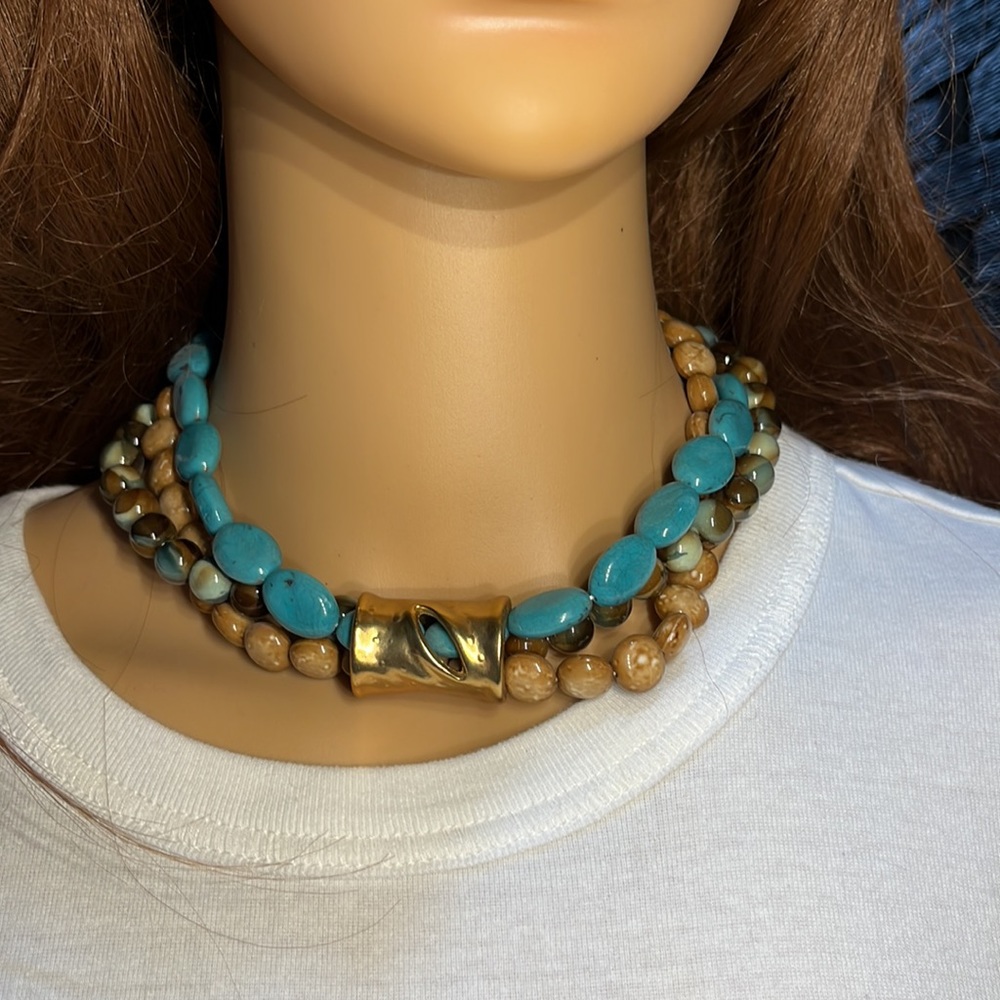 3 strand stone bead necklace with gold cuff
